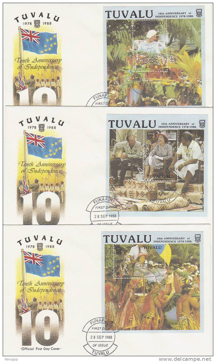 Tuvalu-1988 Tenth Anniversary Of Independence X 3 MS FDCs - Tuvalu