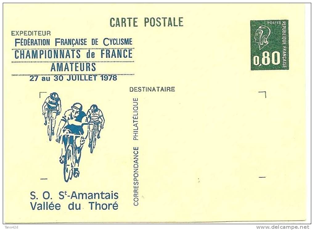 REF LGM - FRANCE  EP CP MARIANNE DE BEQUET 0f60 ET 0f80 REPIQUAGE FEDERATION CYCLISME S.O. ST. AMANTAIS JUILLET 1978 - Cartes Postales Repiquages (avant 1995)