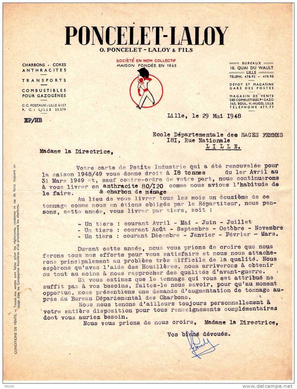 Poncelet-Laloy. Charbons. Cokes. Anthracites. Lille. 1948. Courrier Sur Le Rationnement De Charbon. - 1900 – 1949