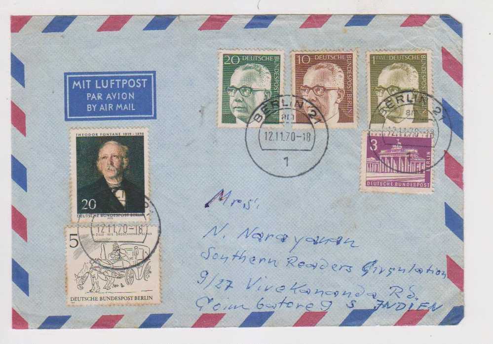 Germany To India Air Mail Cover 1970 . Fontane Writer, Cab  Driver Art Horse Carrage,as Scan, - Stage-Coaches