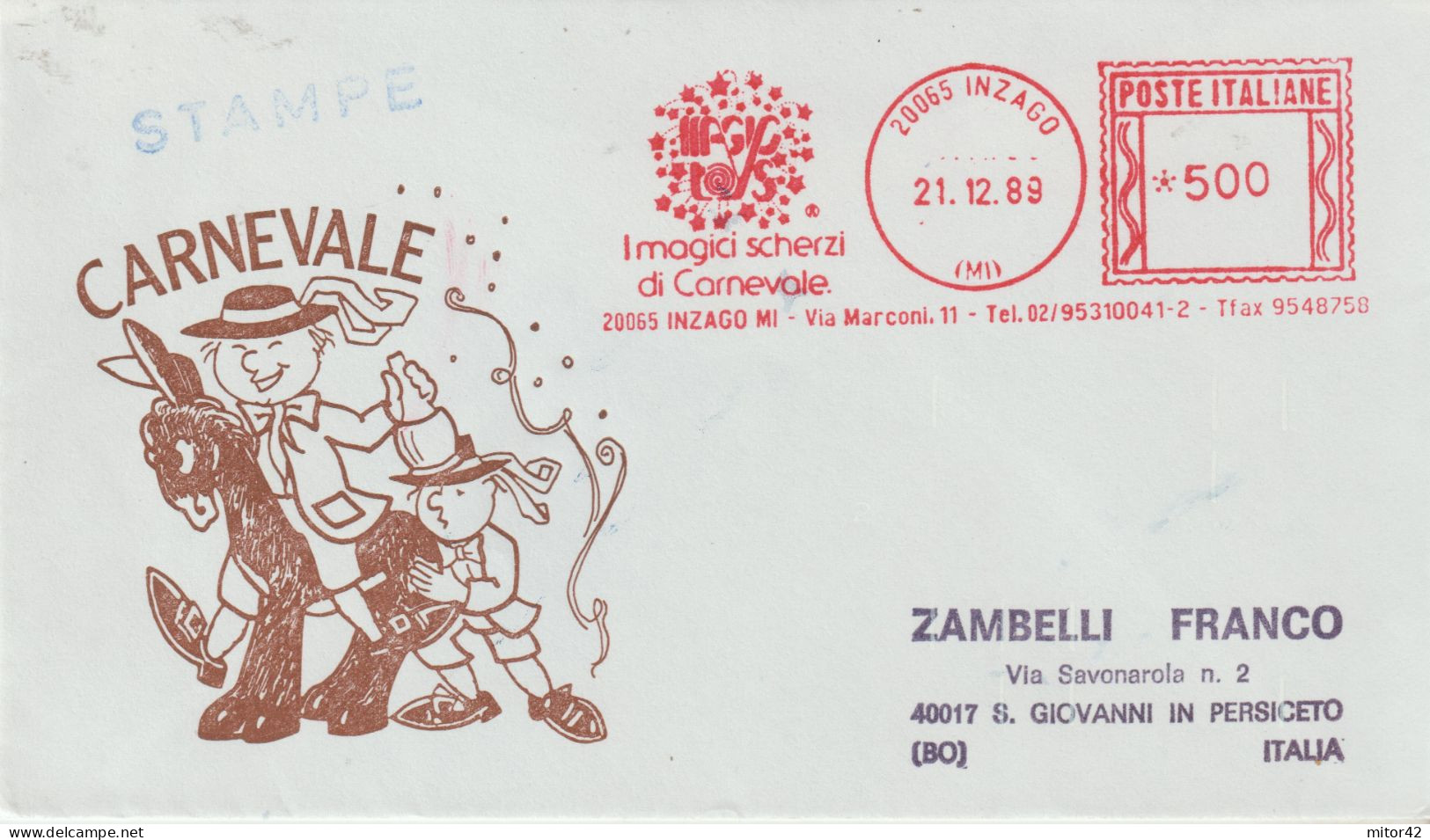 337-Carnevale Di INZAGO (Milano)-Carneval-Karneval- 1989-Bollo A Targhetta Figurato - Karneval - Fasching