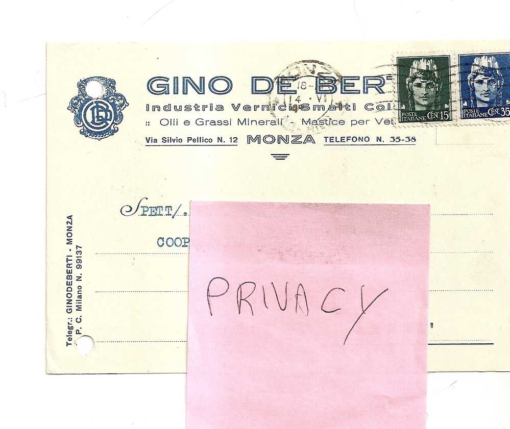 Cartolina Postale Commerciale Con Fori Da Archivio  Gino De Berti Industria Vernici Di Monza - Monza