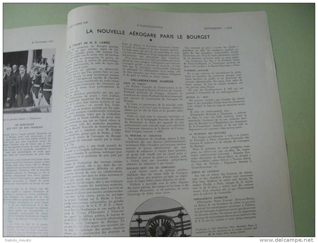 20 Novembre 1937 : 19 ème Anniversaire De L' ARMISTICE ; Les CATHEDRALES ; Nouvel Aérogare Du BOURGET ; L ' EXPOSITION ; - L'Illustration