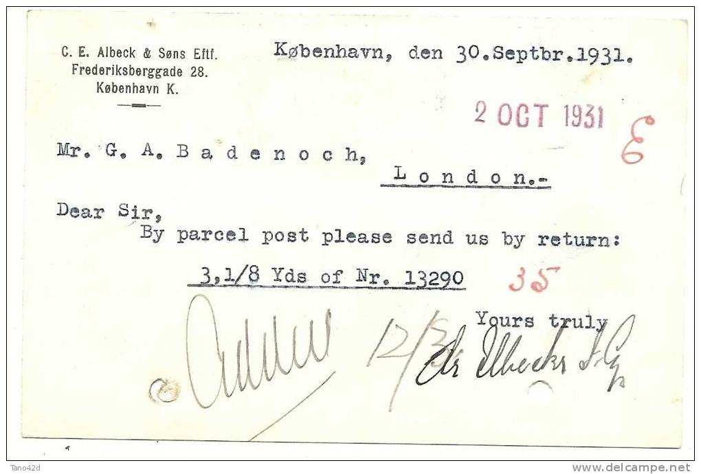 REF LGM - DANEMARK EP CP VOYAGEE 30/9/1931REPIQUAGE COMMERCIAL AU VERSO - Postal Stationery
