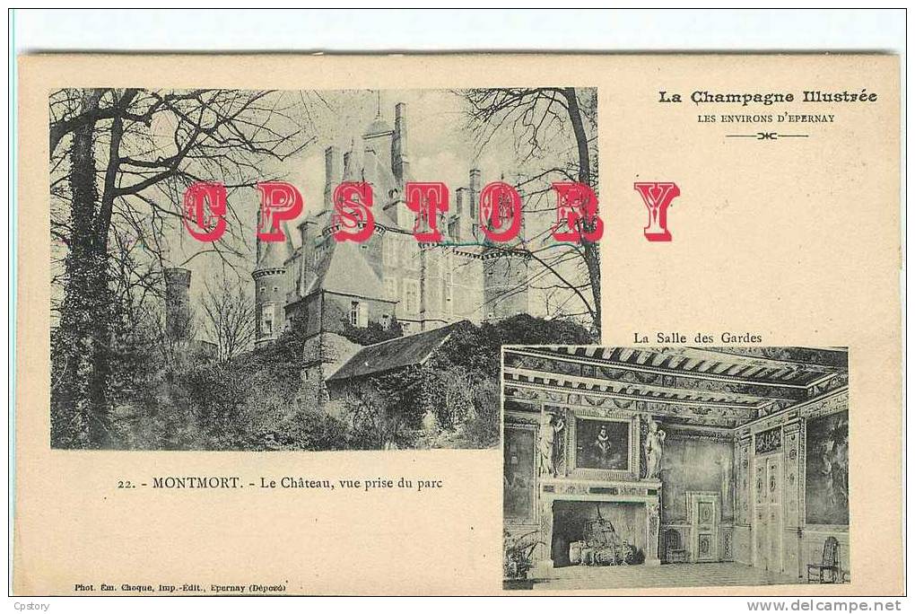 51 - MONTMORT - 2 Plan - Chateau Vue Prise Du Parc + Salle Des Gardes - Dos Scané - Montmort Lucy