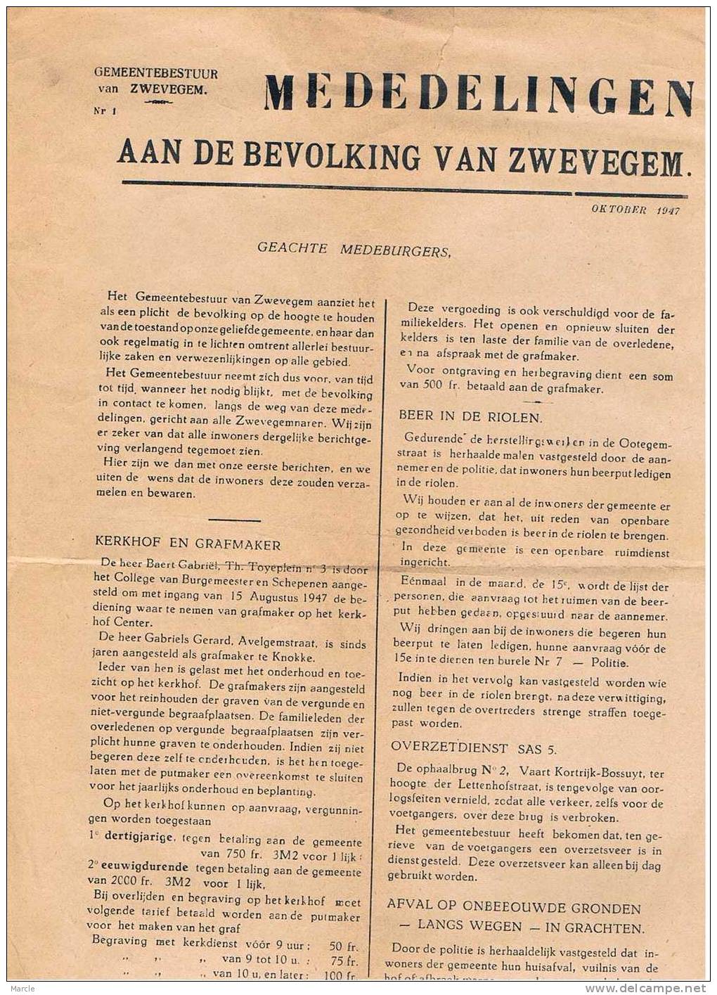 Gemeente Bestuur Van Zwevegem Mededelingen Aan De Bevolking 1947 - Autres & Non Classés