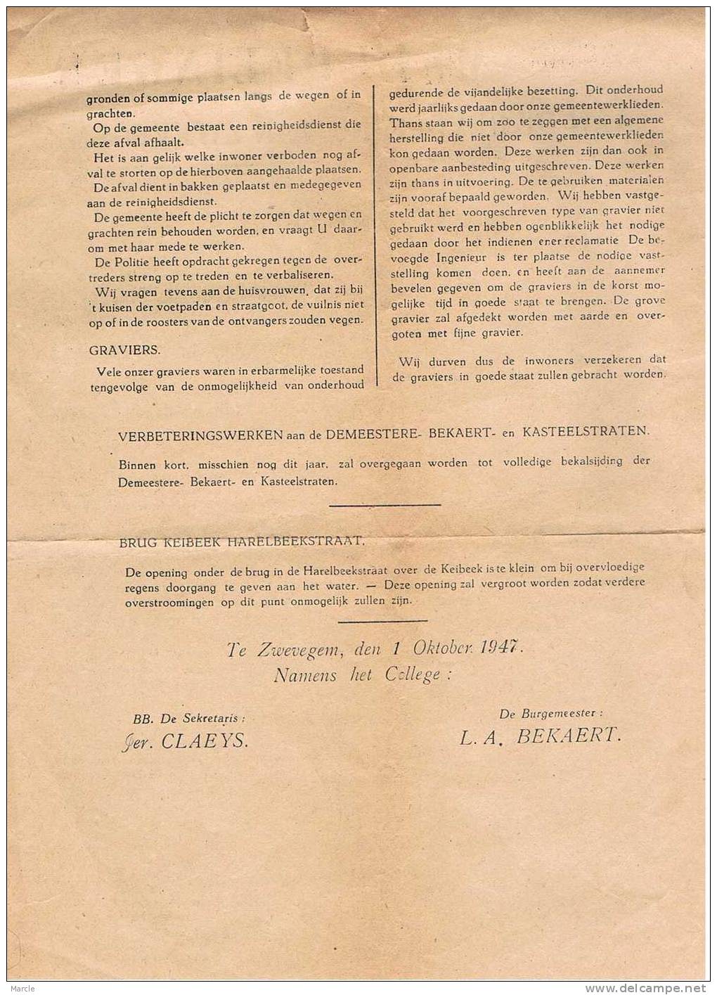 Gemeente Bestuur Van Zwevegem Mededelingen Aan De Bevolking 1947 - Autres & Non Classés