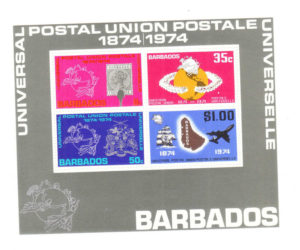 Barbados 1974 Cent Of The UPU Stamp S/S MNH - Barbades (1966-...)
