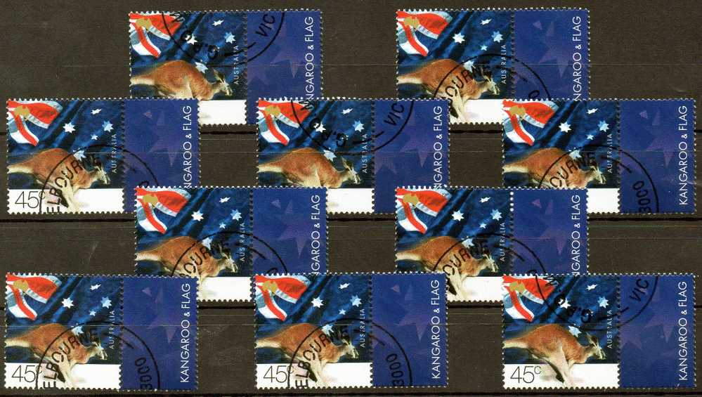 Australia 2000 Nature & Nation 45c Red Kangaroo And Flag With Tab CTO Gang Of 10 - Used Stamps