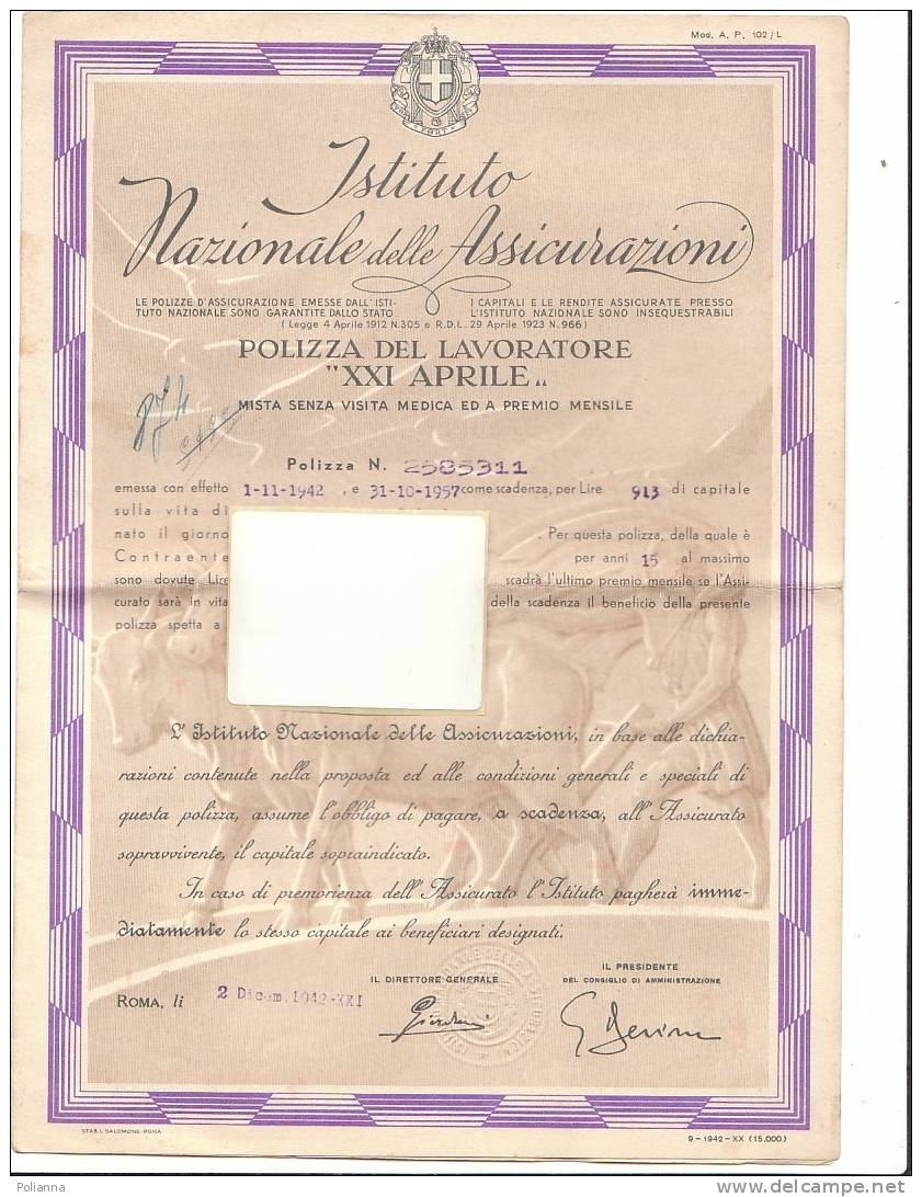 B0086 Ist.Naz. Assicurazioni - POLIZZA DEL LAVORATORE "XXI APRILE" 1942 - Fascista - Other & Unclassified