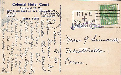 Colonial Hotel Court, Richmond 22, Virginia "Postmarked GIVE RED CROSS FUND" - Richmond