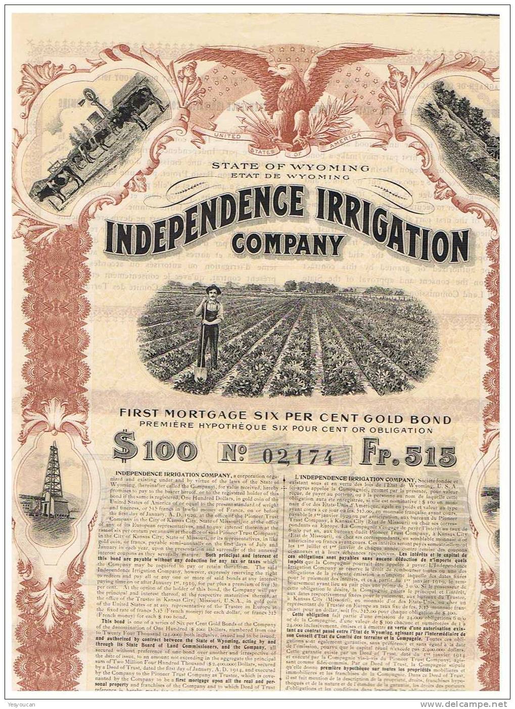 Superbe :STATE OF WYOMING INDEPENDENCE IRRIGATION COMPANY - Agricoltura