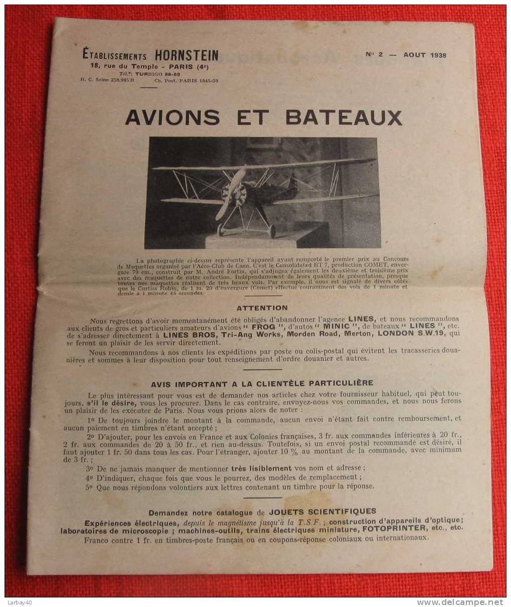 Catalogue Jouets Hornstein Avions Et Bateaux Aout 1938 - Cataloghi