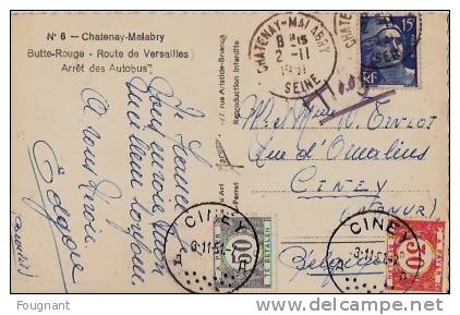 FRANCE: 1951:CHATENAY-MALABRY.(Ha Uts De Seine:92):Butte-Rouge.Rou Te De Versailles-Arrêt Des Autobus.Carte Taxée. - Chatenay Malabry