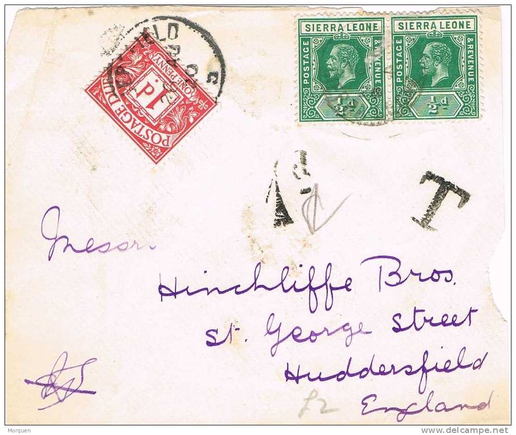 2132. Frontal SIERRA LEONA  1920 A Inglaterra. TAXE. Tasada - Sierra Leone (...-1960)