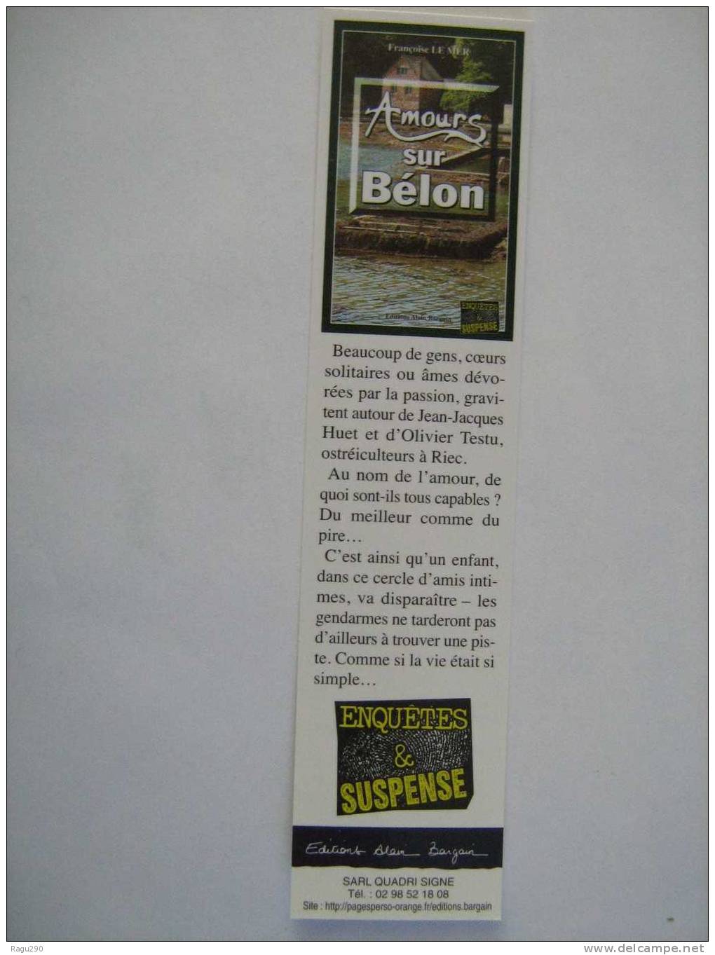 MARQUE PAGE DU ROMAN POLICIER  ALAIN BARGAIN   :  AMOURS SUR BELON - Bookmarks