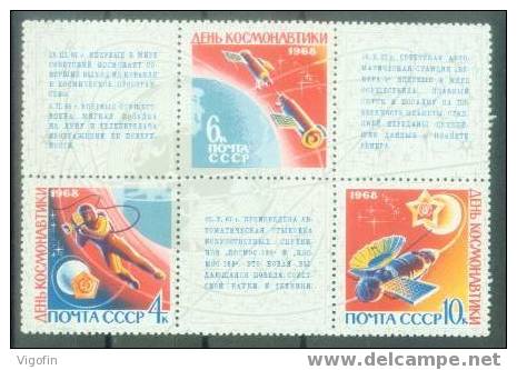 USSR 1968-3480-2 DAY OF SPACE, S S S R, 3v+3Labels, MNH - Russie & URSS