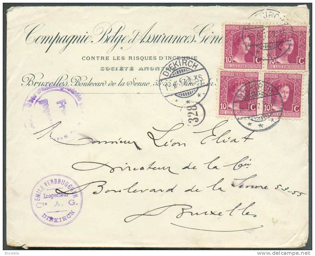 Lettre Affranch. Marie-Adélaïde à 40 Centimes Obl. Càd DIEKIRCH Du 1-6-1917 Vers Bruxelles + Dc Violet Frei-Gegeben/Uber - 1914-24 Marie-Adélaida