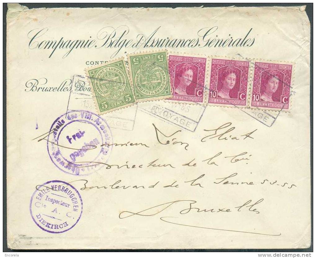 Lettre Affranch. Marie-Adélaïde à 40 Centimes Obl. Càd ECHTERNACH-ETTELBRUCK/CON VOYAGE Du 15-1-1918 Vers Bruxelles + Dc - 1914-24 Marie-Adélaïde