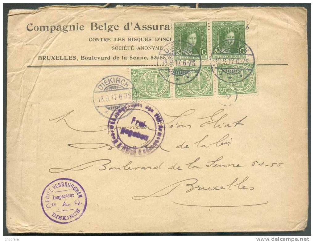 Lettre Affranch. Marie-Adélaïde à 40 Centimes Obl. Càd DIEKIRCH Du 18-9-1917 Vers Bruxelles + Dc Violet Überwachungsstel - 1914-24 Marie-Adélaïde