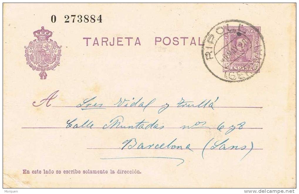 Entero Postal RIPOLL (Gerona)  1928.  Alfonso XIII - 1850-1931