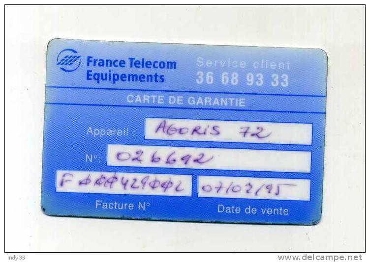 - TELECARTE FRANCE . CARTE DE GARANTIE TELECOM 1995 - Cartes De Fidélité Et Cadeau