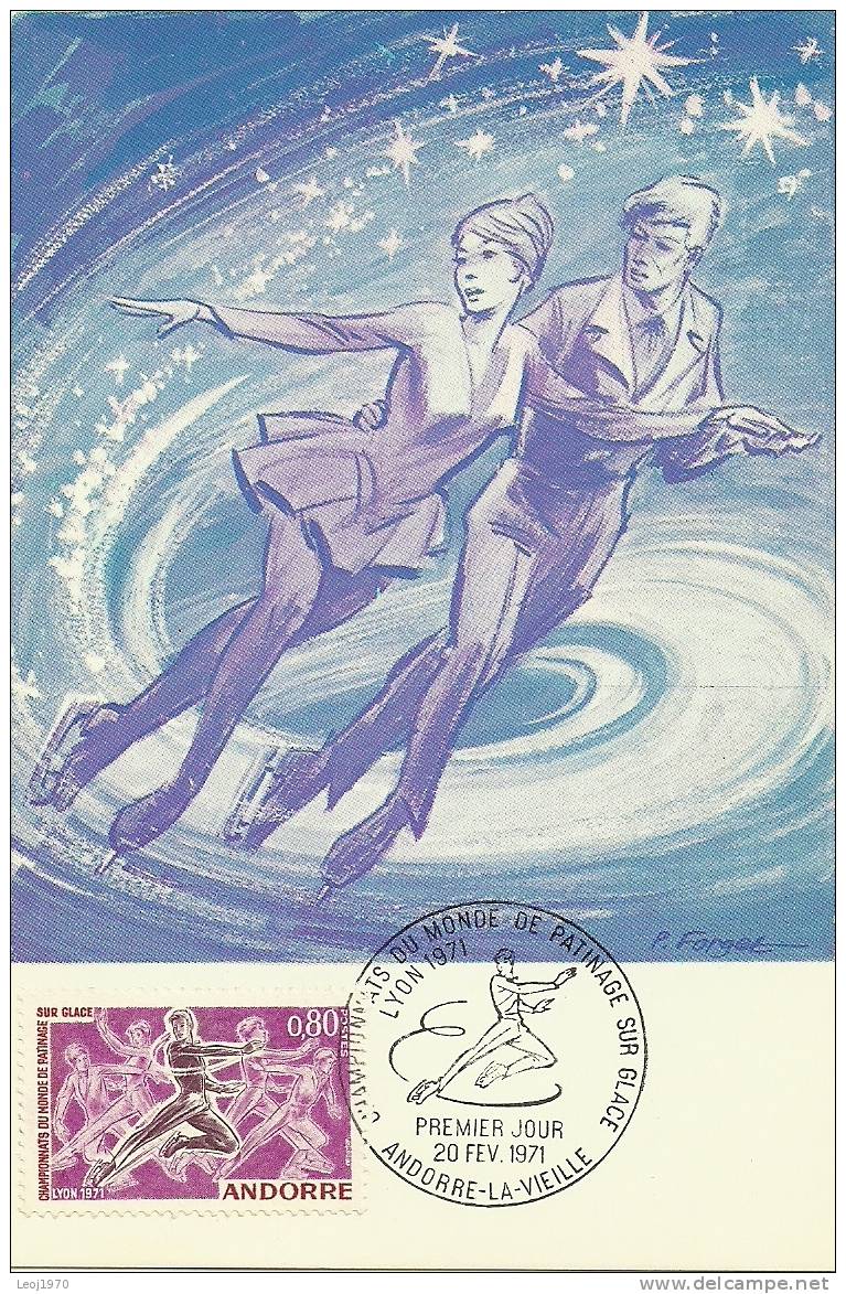 PRINCIPAUTE D'ANDORRE PRINCIPAT D'ANDORRA Championnat Monde De Patinage Oblitération 1er Jour 20 Février 1971- 0,80 F - Cartas Máxima