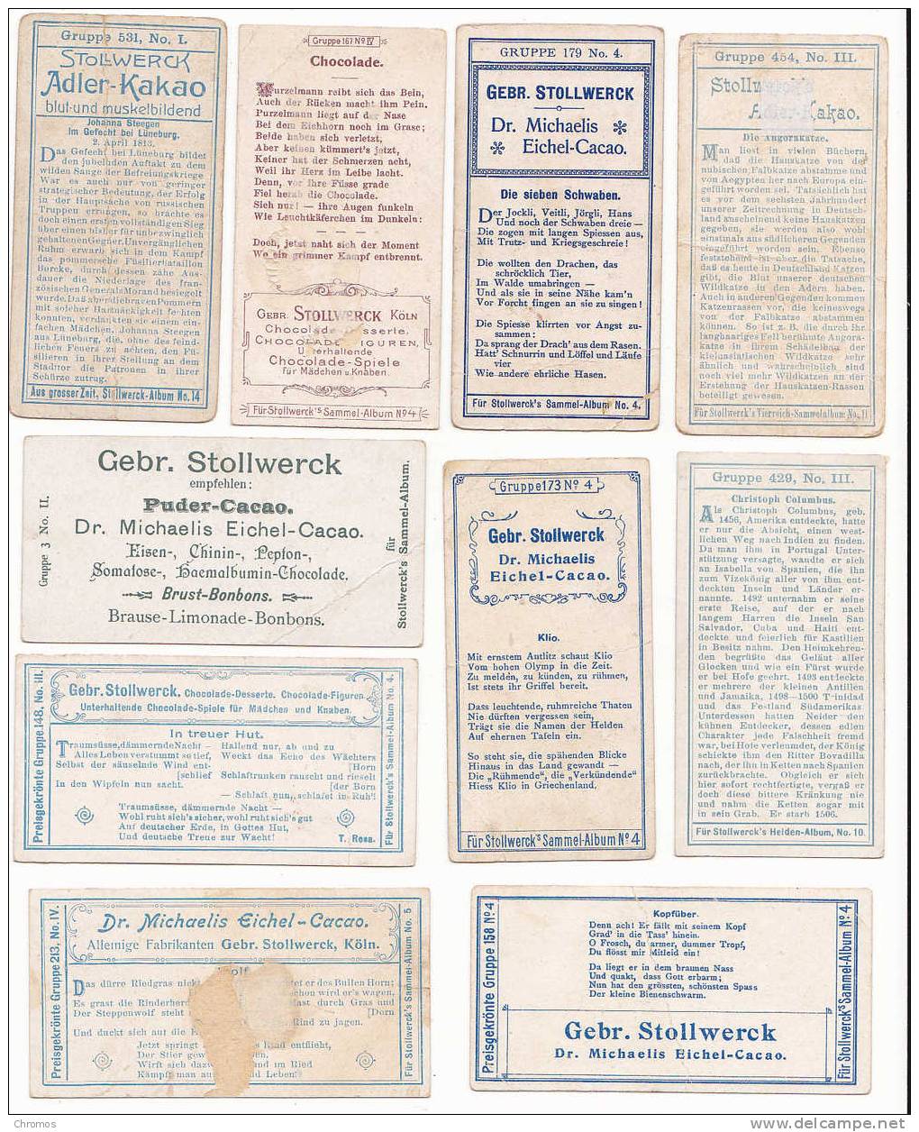 18 Chromos De Chocolat Stollwerck, Grenouilles, Noel, Nains,colonialisme, Cirque....... - Stollwerck