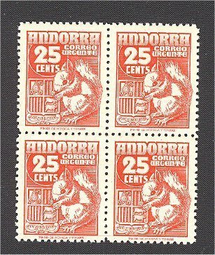SPANISH ANDORRA - SQUIRREL / ECUREUIL - VERY FINE NEVER HINGED BLOCK OF 4**! - Rodents