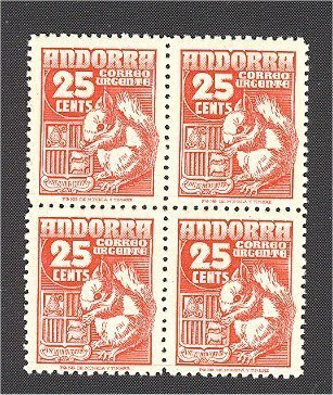 SPANISH ANDORRA - SQUIRREL / ECUREUIL - VERY FINE NEVER HINGED BLOCK OF 4**! - Knaagdieren