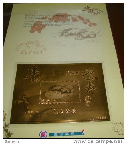 Folder Gold Foil 2009 Chinese New Year Zodiac Stamp S/s - Ox Cow Cattle Bird Sparrow Flower (Fong San) Unusual - Koeien