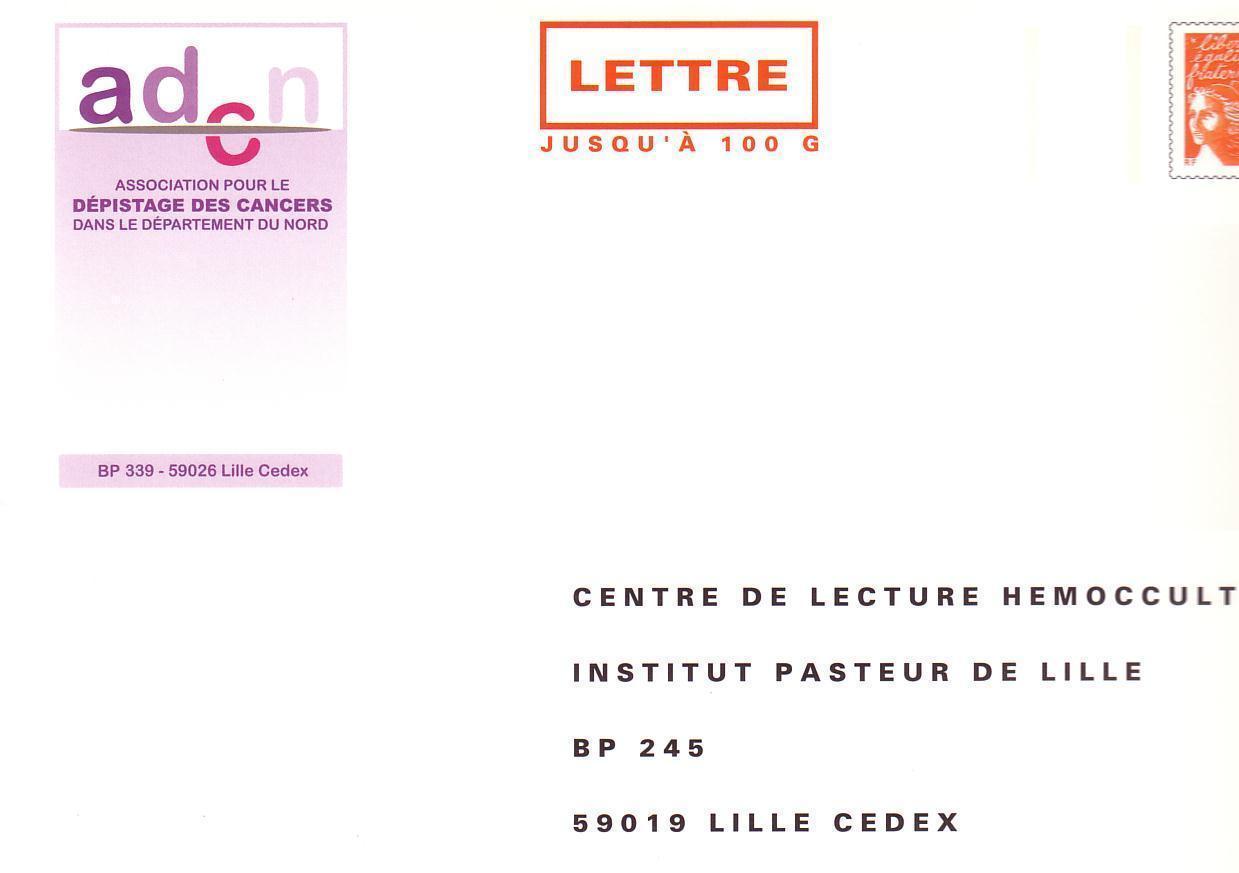 PAP TSC Enveloppe Jusqu'à 100 G : ADCN Centre De Lecture HEMOCCULT Institut PASTEUR à LILLE - Prêts-à-poster:Stamped On Demand & Semi-official Overprinting (1995-...)