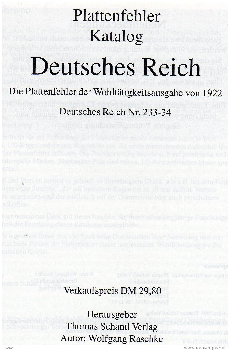 Schantl Reichspost Plattenfehler Katalog 1.Auflage DR 233/234 Neu 15€ Spezial - Katalog New Catalogue From Old Germany - Germany