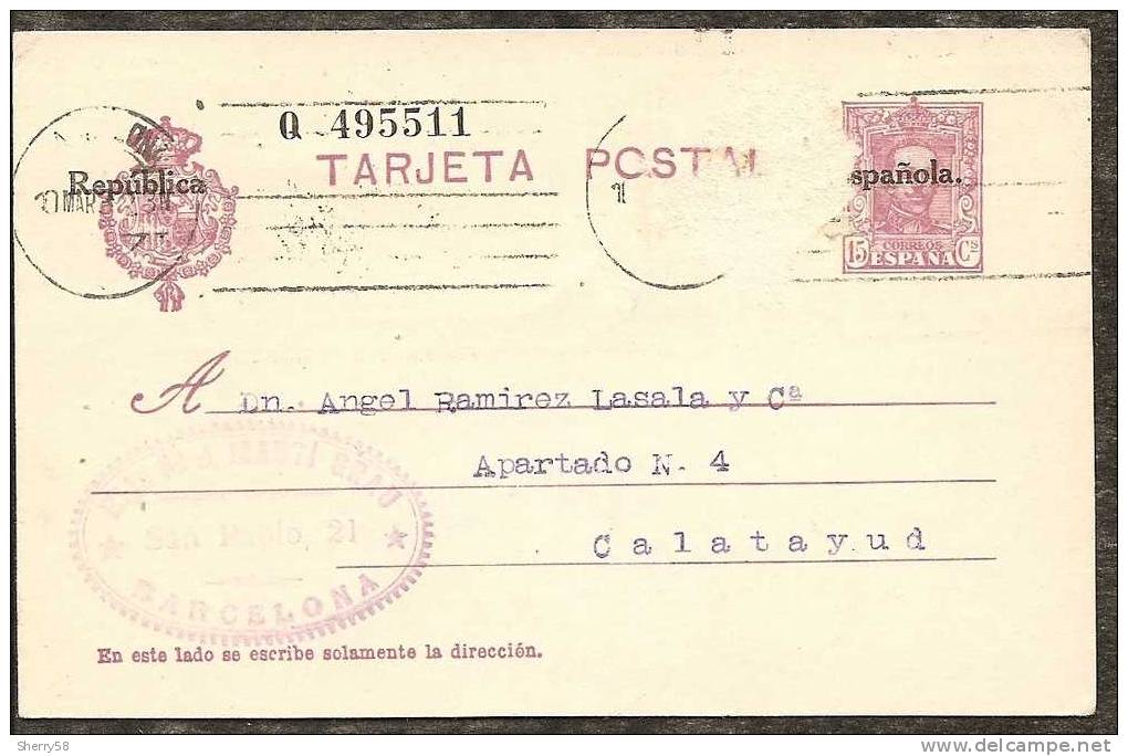 1931-T.Ps.-ED.61-HABILITA     CIÓN  REPUBLICA -DE BARCELONA  A CALATAYUD-10MAR32-Mat.rod     Illo-franqueo  Suplementari - 1850-1931