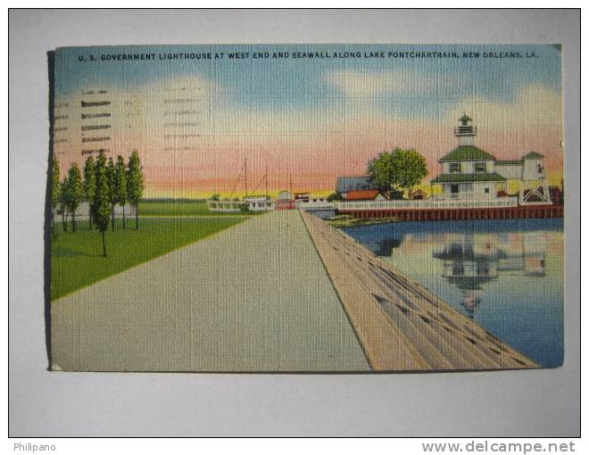 Light House         At West End Seawall Along Lake Pontchartrain New Orleans La  Linen 1947 Cancel - New Orleans