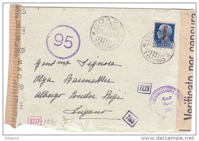 A0413 - 1,25£ Imp. Sovrast. Su Lettera X Estero  VG Coazze-Lugano Verif. X Censura 31-08-1944 - Marcophilia