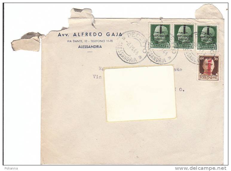 A0414 - 3 X 25 Cent.imp. Sovrast. + 30 Cent.imp. Sovrast. Su Lettera  VG Alessandria-Torino 08-11-1944 - Storia Postale