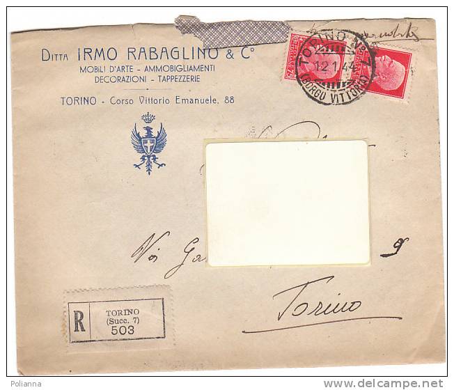 A0420 - 2 X 75 Cent.imp. Su Raccomandata - Ditta Rabaglino Mobili D'Arte, Torino  VG Torino 12-01-1944 - Marcophilie