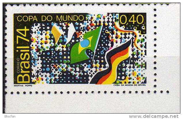 Fußball WM 1974 Brasilien 1445+Block 34 ** 8€ Spielszene Rasen Flagge Brasil Germany Ms Flag Bloc Soccer Sheet Bf Brazil - 1974 – Allemagne Fédérale