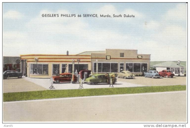 Geisler's Phillips 66 Service Station, Gas, Auto, Murdo South Dakota SD, On C1940s/50s Vintage Linen Postcard - Rutas Americanas