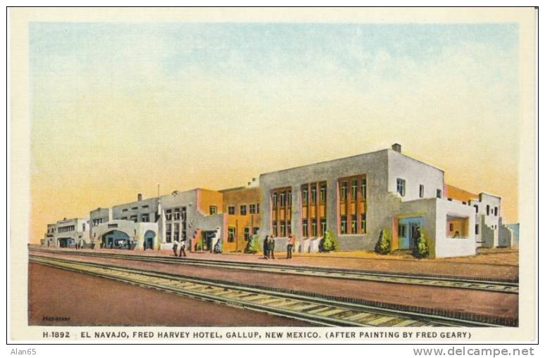 Gallup NM New Mexico, Fred Harvey Hotel 'El Navajo', Fred Geary Painting, Railroad Tracks, On C1920s/30 Vintage Postcard - Sonstige & Ohne Zuordnung