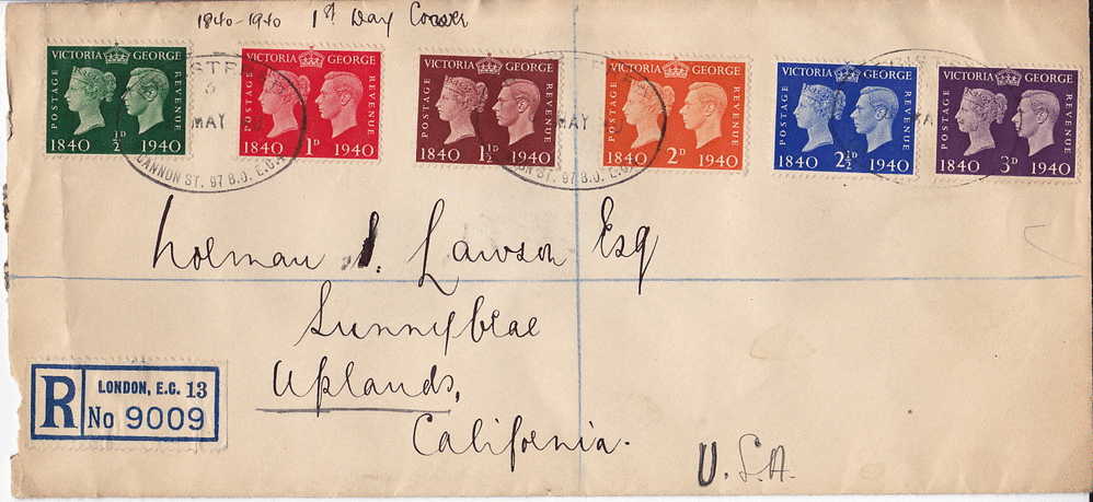 1940  Postage Stamp Centennial  Complete Set On Registered Letter To USA - ....-1951 Pre-Elizabeth II