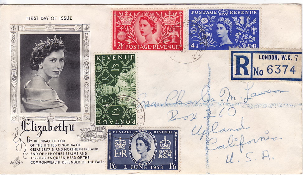 1953  Quen Elizabeth II Coronation Complete Set On Registered Letter To USA Art Craft Cachet - 1952-1971 Dezimalausgaben (Vorläufer)