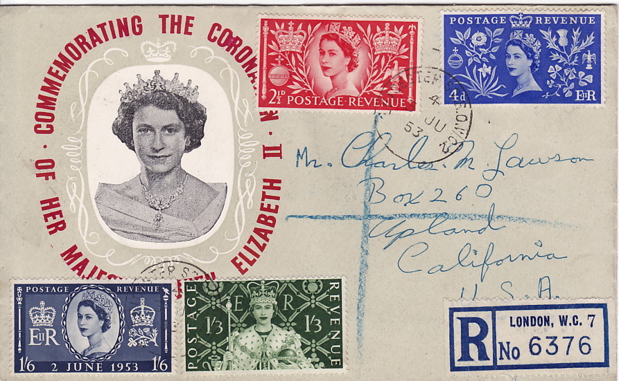 1953  Quen Elizabeth II Coronation Complete Set On Registered Letter To USA - 1952-1971 Pre-Decimale Uitgaves