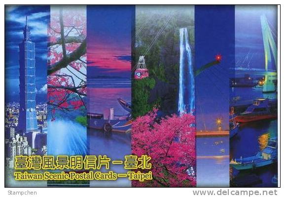 2008 Taiwan Scenic Pre-stamp Postal Cards - Taipei 101 Bird Bridge Park Boat Waterfall Fish - Water