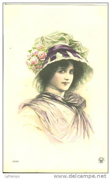 THEMES - Ref C130- Mode -chapeau - Chapellerie - Portrait De Femme Avec Chapeau  -fleurs Roses- Carte Bon Etat - - Mode