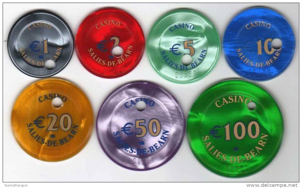 (Chips) Casino Salies-de-Bearn 1-2-5-10-20-50-100€ : 7 Jetons Percés - Casino