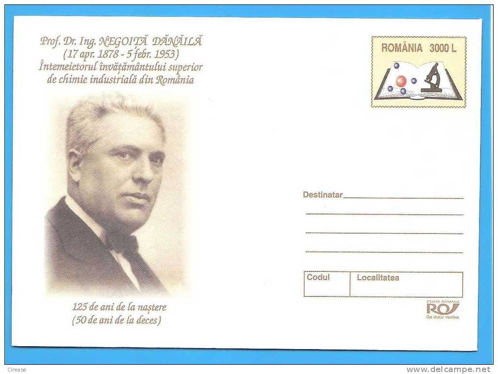 Romania Postal Stationery Cover 2003 .Industrial Chemical Engineering Danaila Negoita - Química