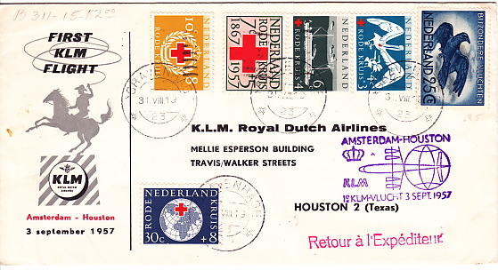 1957  KLM Amsterdam-Houston TX First Fight Met Serie 695-9, LP14 - Airmail