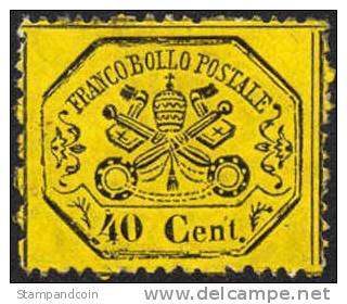 Roman States #24a XF Mint No Gum 40c Black & Yellow, Perf 13 Of 1868 - Papal States